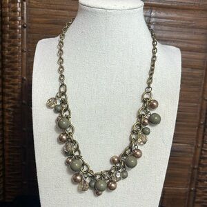 Fringe Brass Tone and Army Green Beaded Necklace